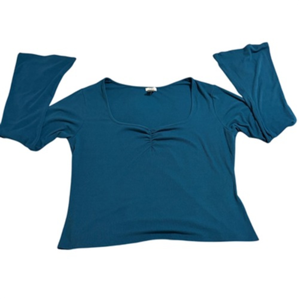 rue+ Blouse Ribbed Square Neck Bell Sleeve Womens Plus 2X Teal Ruched Preowned